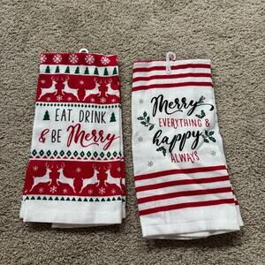 LOT of 2 NWT Merry Christmas Kitchen Hand Towels Cotton & Polyester Blend